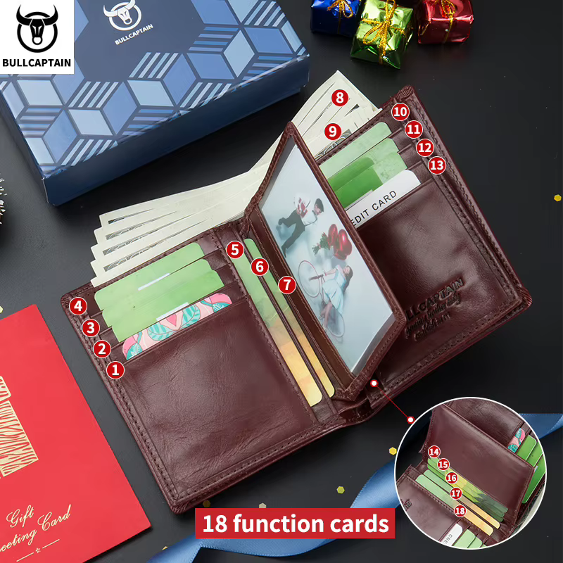Bullcaptain-Portefeuille en cuir de grande capacité pour homme, mini porte-cartes de crédit compact, portefeuille cadeau pour homme, portefeuille RFID