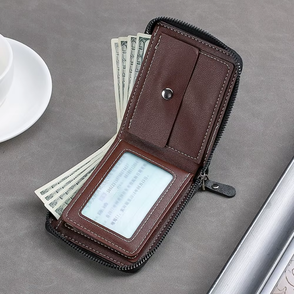 Portefeuille court vintage pour hommes – Porte-monnaie à trois volets avec fermeture éclair