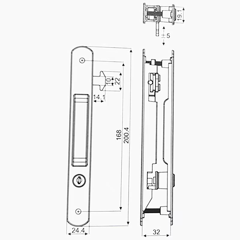 Serrure dissimulée à double face en alliage d'aluminium pour portes et fenêtres coulissantes avec mécanisme de crochet