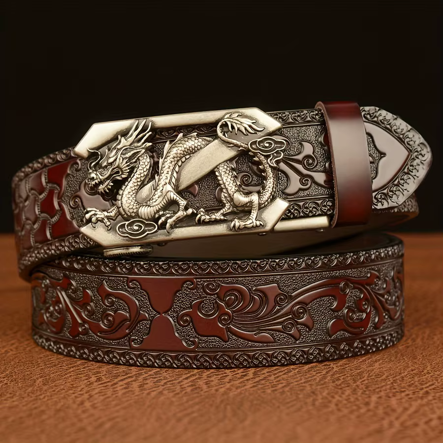Ceinture à boucle automatique Vintage pour hommes en cuir véritable avec Dragon doré et motif en relief Floral ceinture décontractée noire pour jean