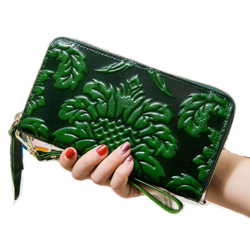 Portefeuille floral en cuir de vache véritable pour femme, sac à main vintage pour femme, pochette de grande capacité