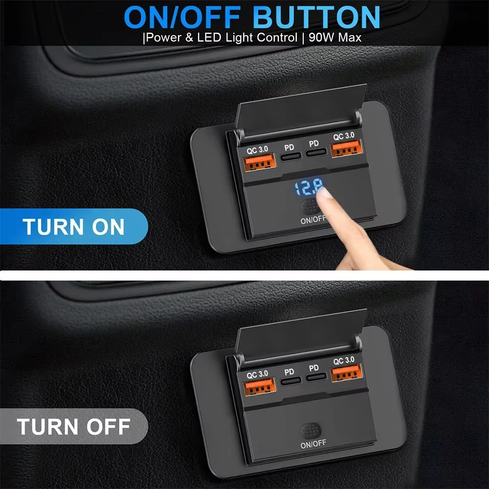 Chargeur de voiture USB 4 ports avec QC3.0 - 12V-24V, 3 USB + 1 type-c, interrupteur d'alimentation intégré, protection contre les surcharges pour voitures motos