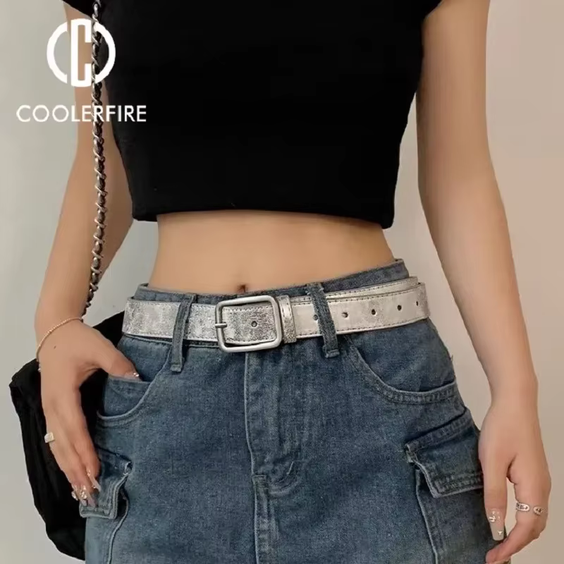 Femmes pantalons ceinture en cuir PU argent