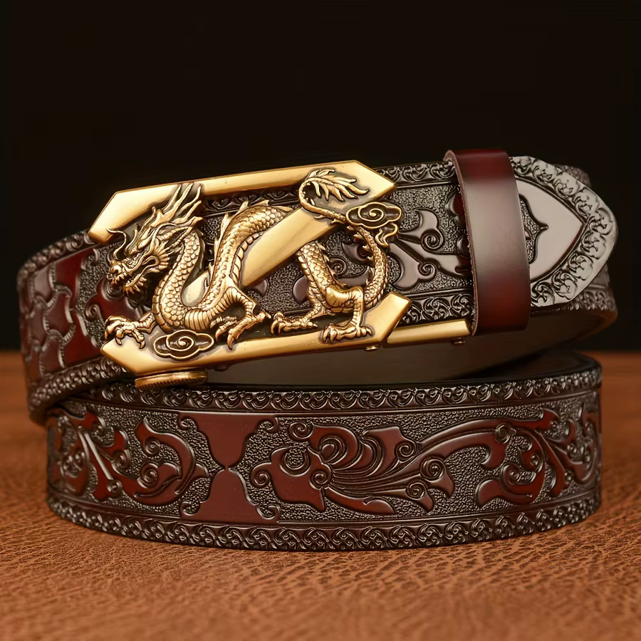 Ceinture à boucle automatique Vintage pour hommes en cuir véritable avec Dragon doré et motif en relief Floral ceinture décontractée noire pour jean
