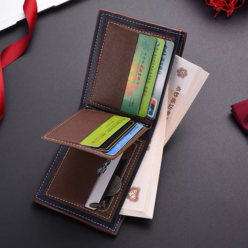 Portefeuille court en cuir PU pour hommes, Style rétro café noir, porte-monnaie à deux volets avec porte-carte d'identité, adapté aux hommes, nouveau