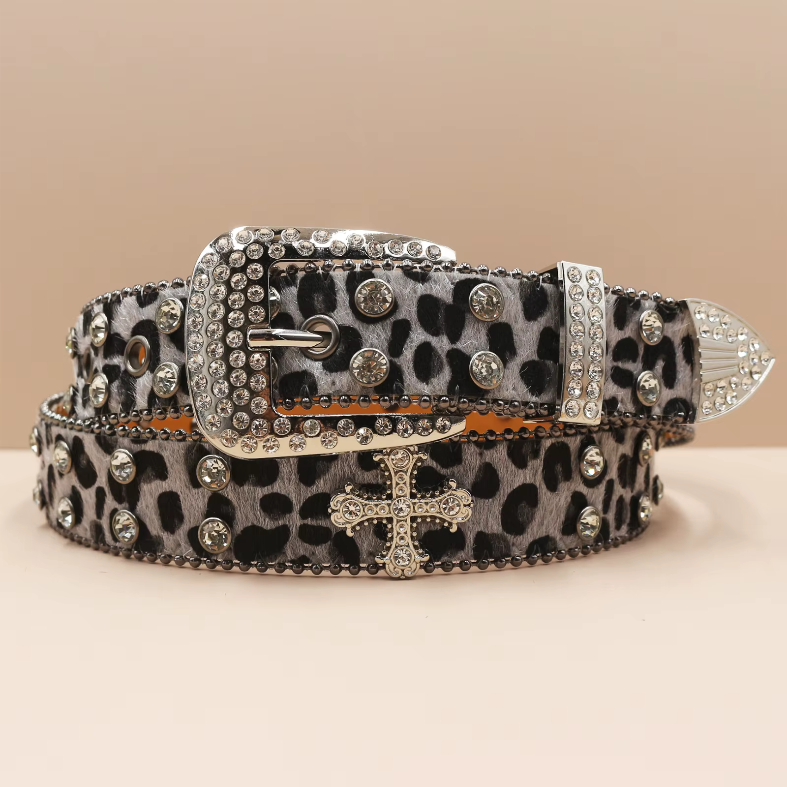 Ceinture en cuir à imprimé léopard et strass pour hommes et femmes