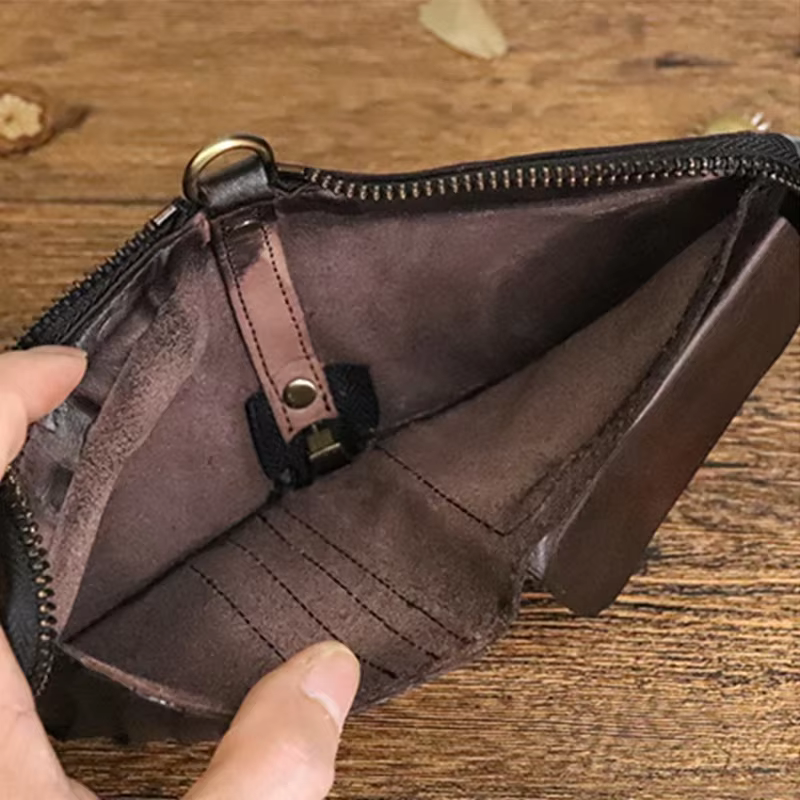 Portefeuille court vintage pour homme simple en cuir véritable doux avec fermeture éclair multi-fonctions porte-monnaie pour homme en cuir de vachette naturel petit sac d'argent avec poche à moraillon