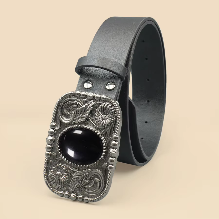Ceinture rétro noire incrustée de Turquoise pour femmes