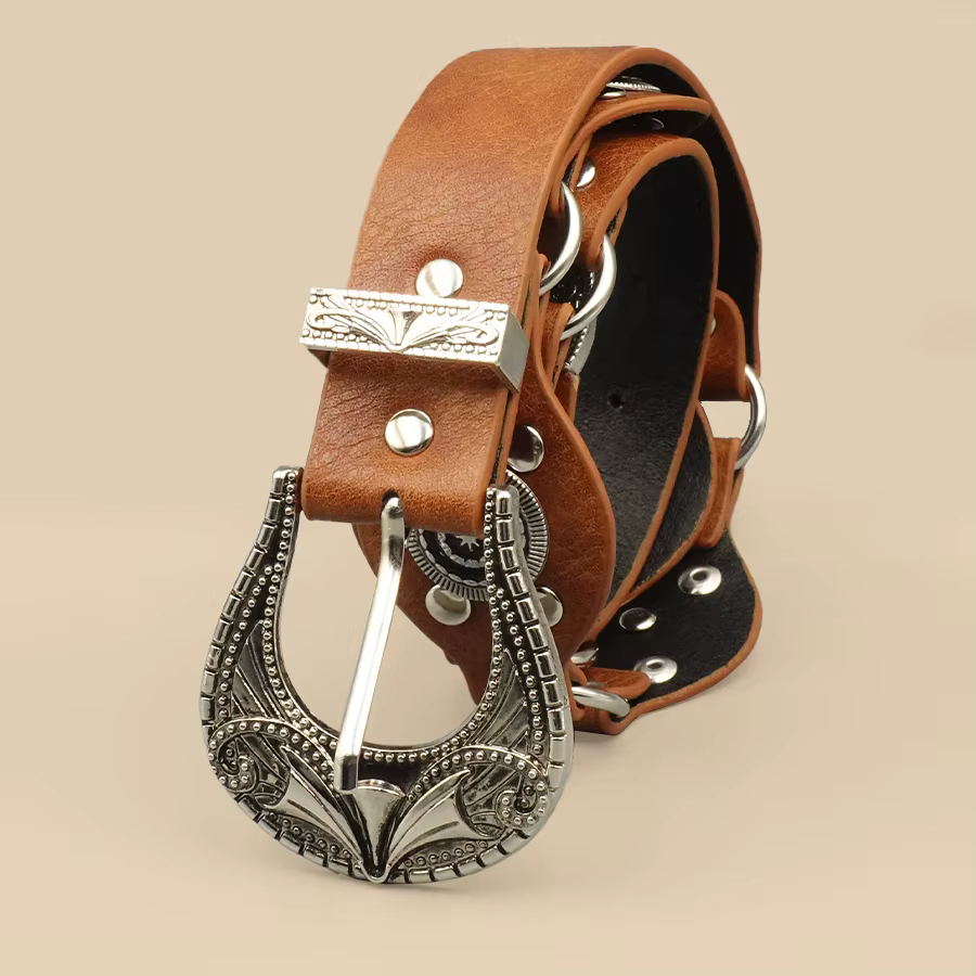 Ceinture femme vintage bohème marron – Design rivets sculptés