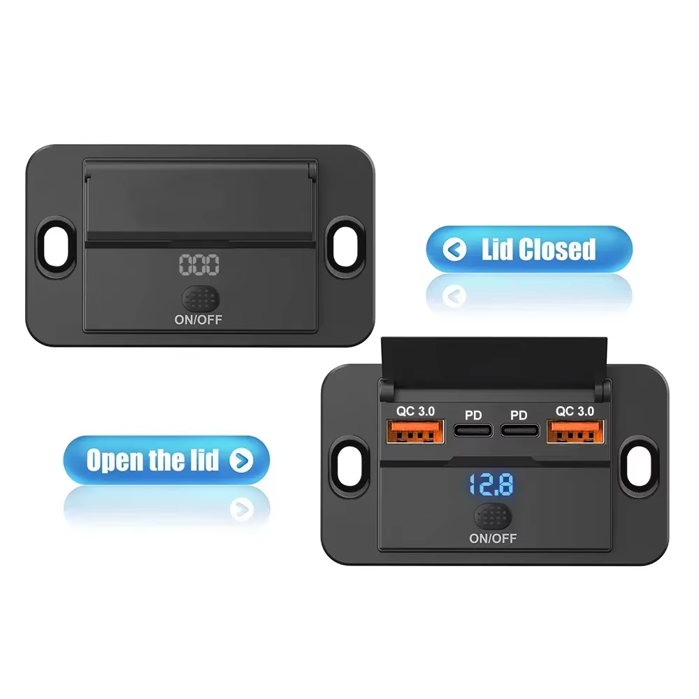 Chargeur de voiture USB 4 ports avec QC3.0 - 12V-24V, 3 USB + 1 type-c, interrupteur d'alimentation intégré, protection contre les surcharges pour voitures motos