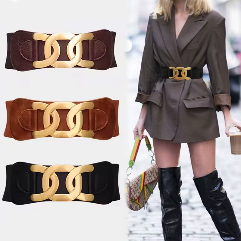 Ceintures élégantes à boucle à crochet CC dorée pour femmes