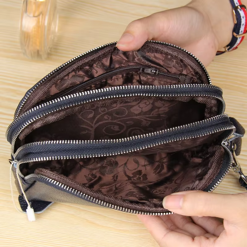 Femmes Long portefeuille en cuir véritable 3 couches fermeture éclair sac à main grande capacité bracelet pochette