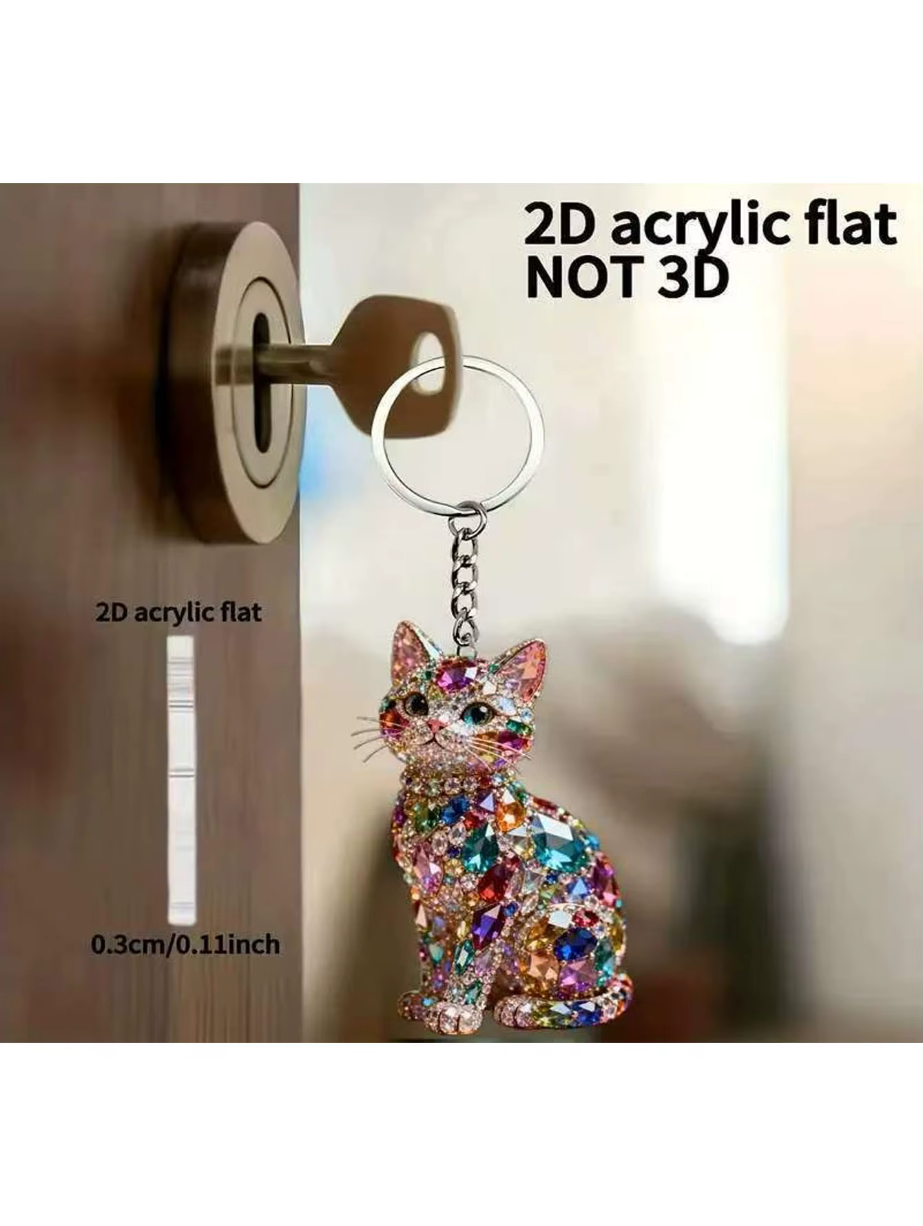 Porte-clés élégant en forme de chat 2D