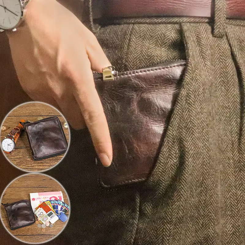 Portefeuille court vintage pour homme simple en cuir véritable doux avec fermeture éclair multi-fonctions porte-monnaie pour homme en cuir de vachette naturel petit sac d'argent avec poche à moraillon