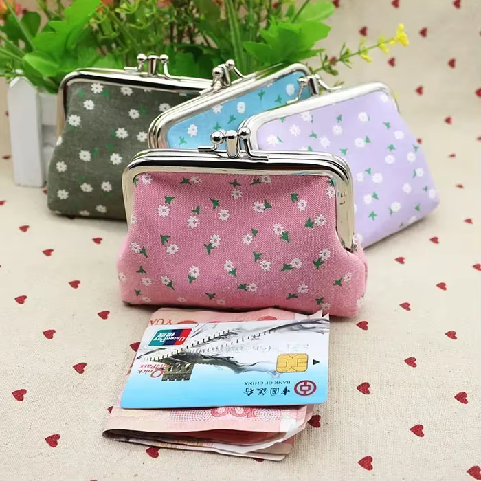 Femmes porte-monnaie mignon fleur imprimé dames Mini sac sac à monnaie deux boutons en métal poche pochette