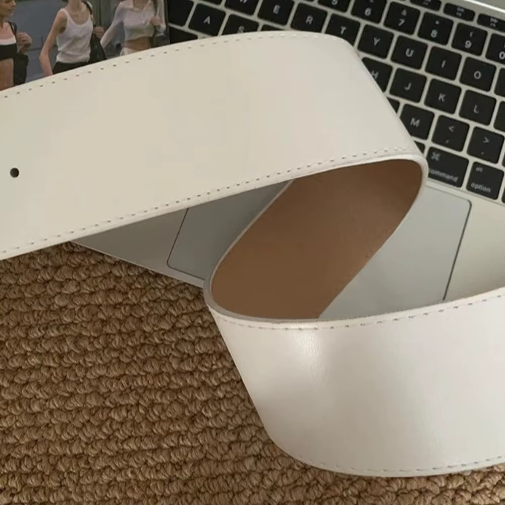 Ceinture large réglable rétro en cuir blanc, cintré à la taille pour femmes
