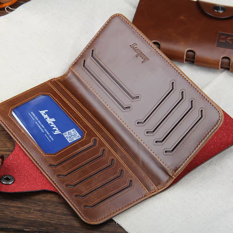 Portefeuille à trois volets en cuir pour hommes – Pochette à boucle magnétique avec porte-carte et porte-monnaie
