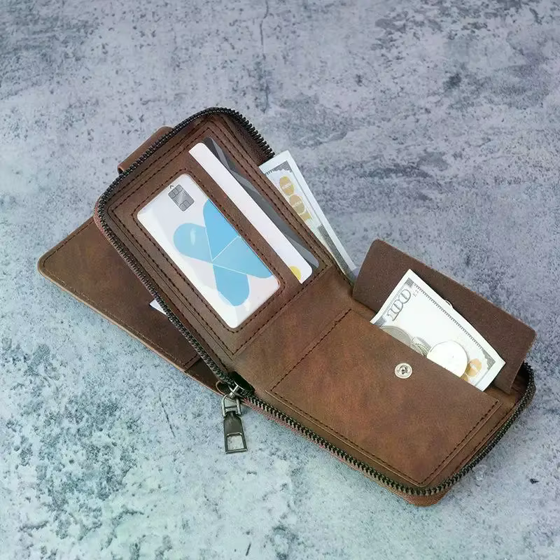 Portefeuille rétro en cuir PU à double pliage, boucle métallique de sécurité anti-perte, emplacements pour plusieurs cartes, pour les déplacements quotidiens et les voyages