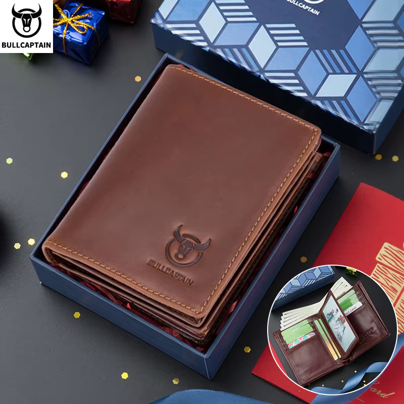 Bullcaptain-Portefeuille en cuir de grande capacité pour homme, mini porte-cartes de crédit compact, portefeuille cadeau pour homme, portefeuille RFID