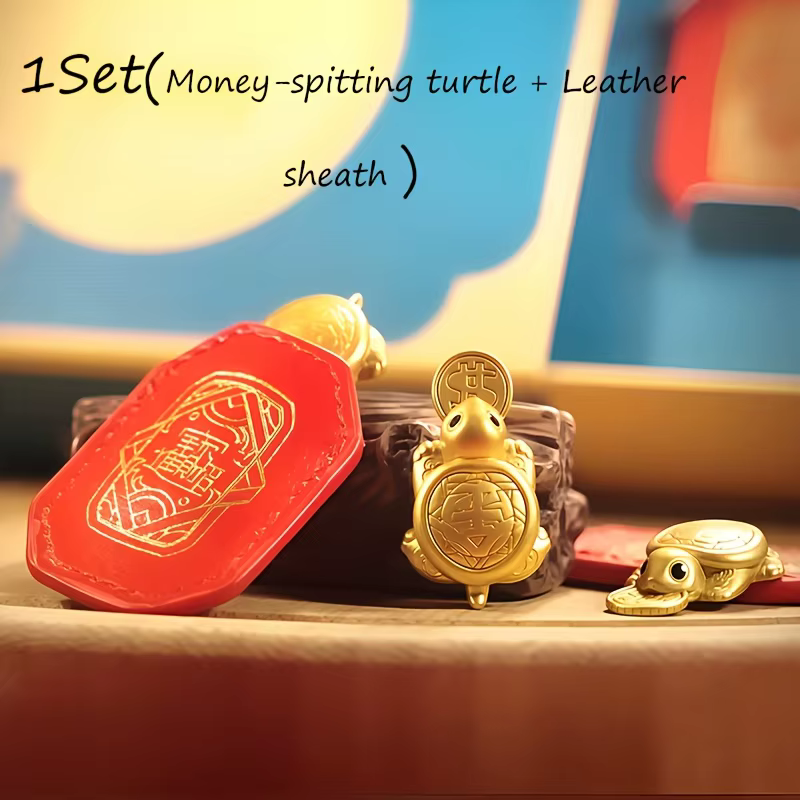 Porte-monnaie en forme de tortue dorée avec étui en cuir rouge - Attracteur de richesse Feng Shui