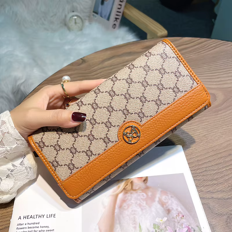 Portefeuille de luxe en cuir véritable pour femme, sac à main long de style de marque, portefeuille en arc de triomphe, pocommuniste pour femme, porte-monnaie en cuir de veau, excellent