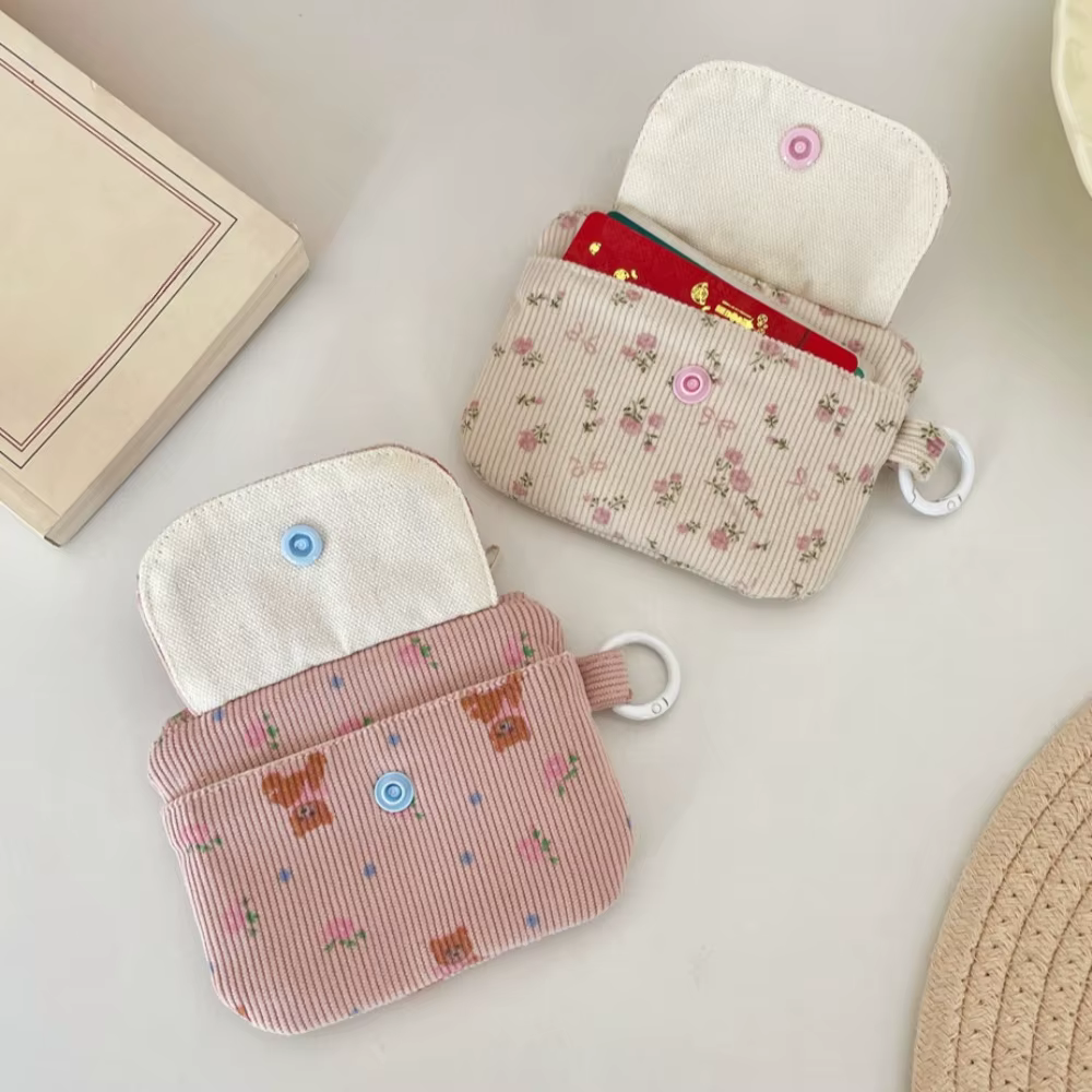 Porte-monnaie en velours côtelé imprimé avec fermeture éclair et porte-clés, petit portefeuille mignon pour enfants, porte-cartes de crédit avec fermeture éclair, porte-carte d'identité, sac à cartes