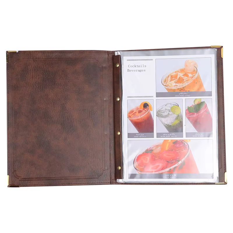 Porte-menu en cuir PU durable pour restaurant, optique A4, dossier d'affichage de cartes de poche, vin noir et marron, 7 feuilles