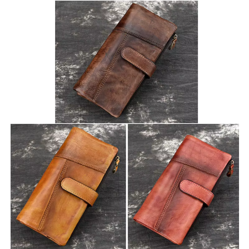 Luufan-Portefeuille long en cuir véritable vintage pour hommes et femmes