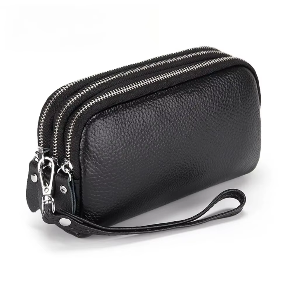 Femmes Long portefeuille en cuir véritable 3 couches fermeture éclair sac à main grande capacité bracelet pochette