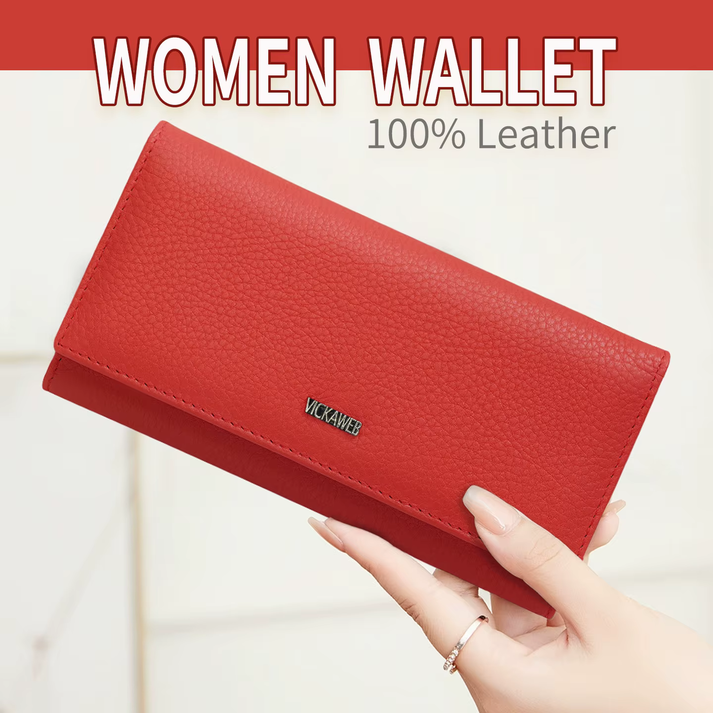 Portefeuille long en cuir véritable pour femme
