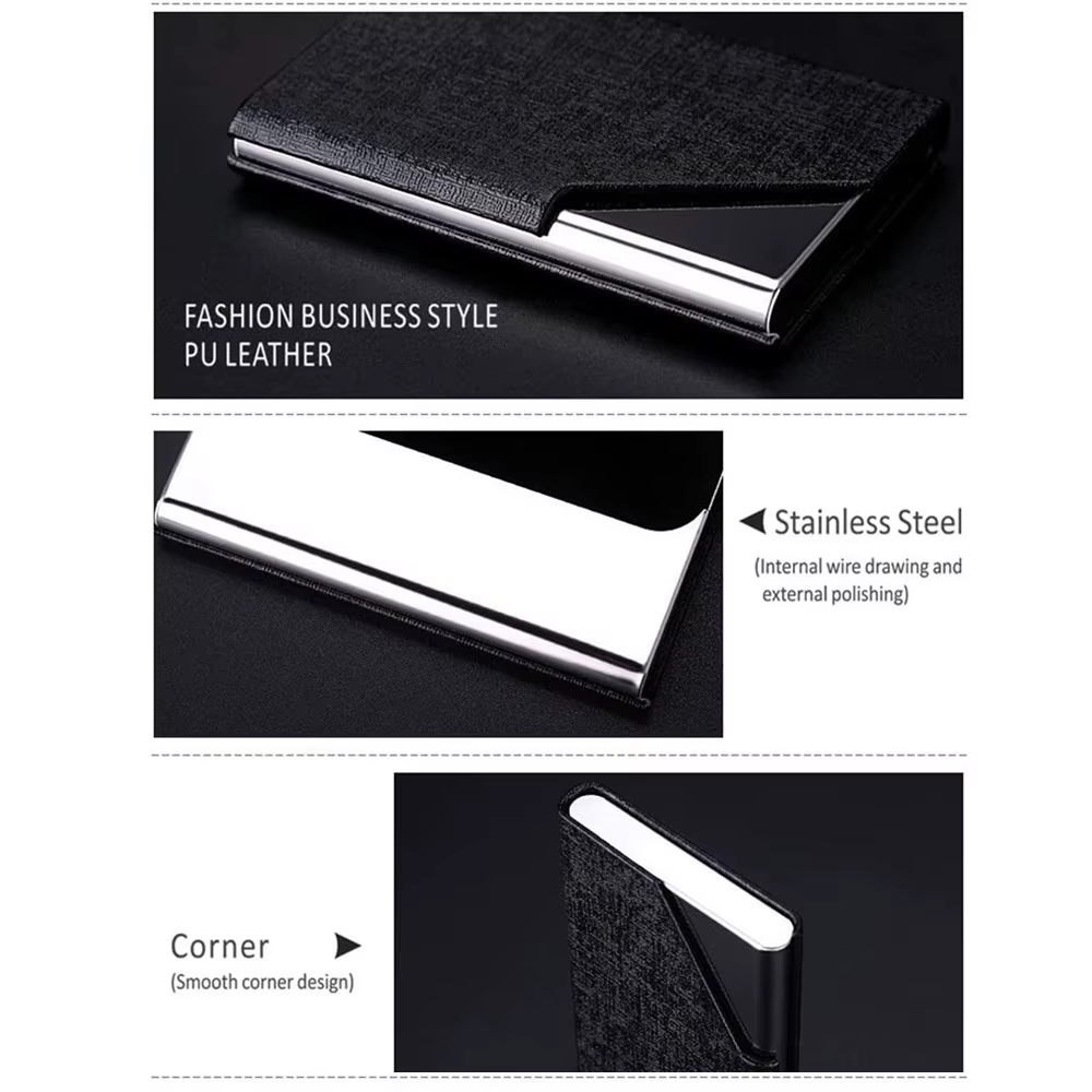 Porte-cartes de visite en métal – Étui à cartes en acier inoxydable en cuir PU imperméable pour hommes et femmes
