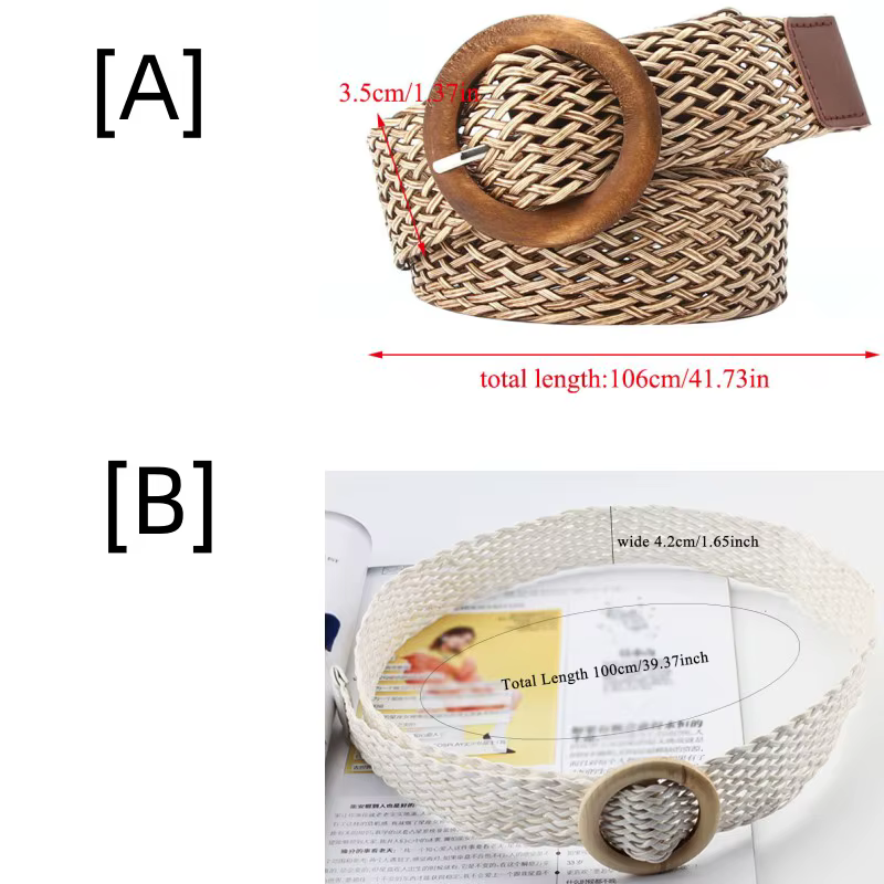 Ceinture de taille tressée noir café femme ceinture Vintage Boho ronde en bois boucle lisse fausse paille larges ceintures sangle de taille pour les femmes