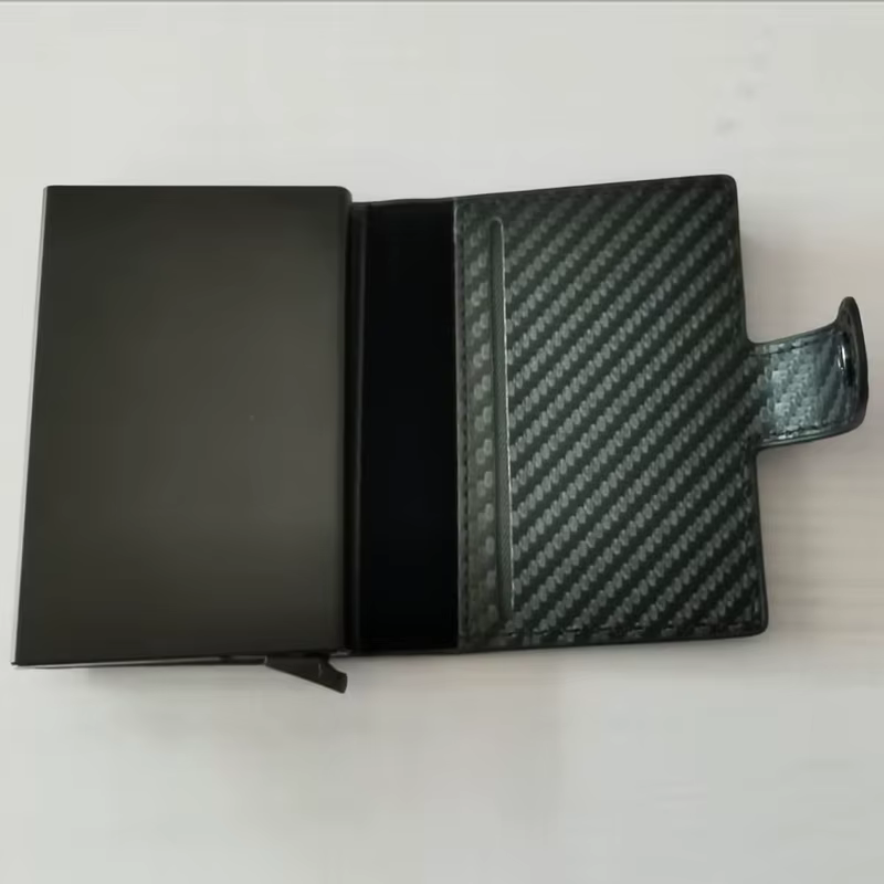 Portefeuille porte-cartes en fibre de carbone pour homme, RFID intelligent, fin, minimaliste, avec système pop-up, petit portefeuille noir en métal