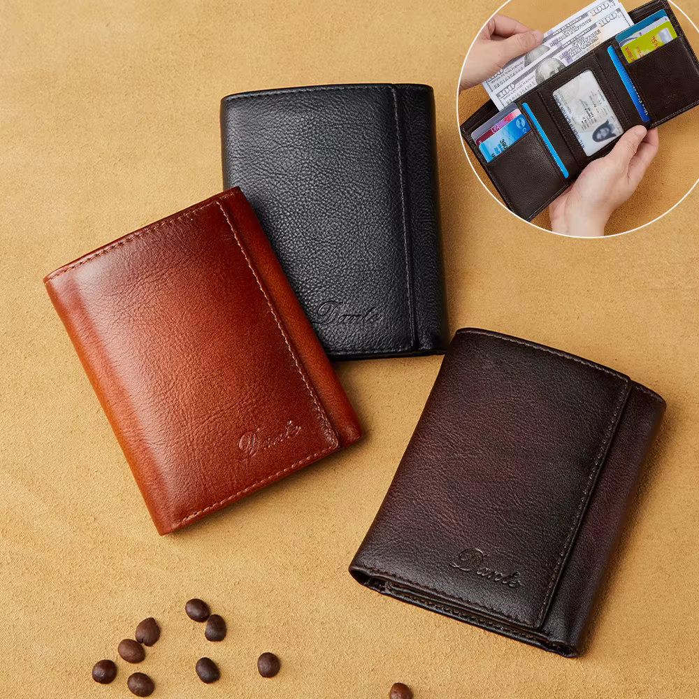 Portefeuille pour homme Dante Retro à trois volets en cuir véritable avec protection anti-vol