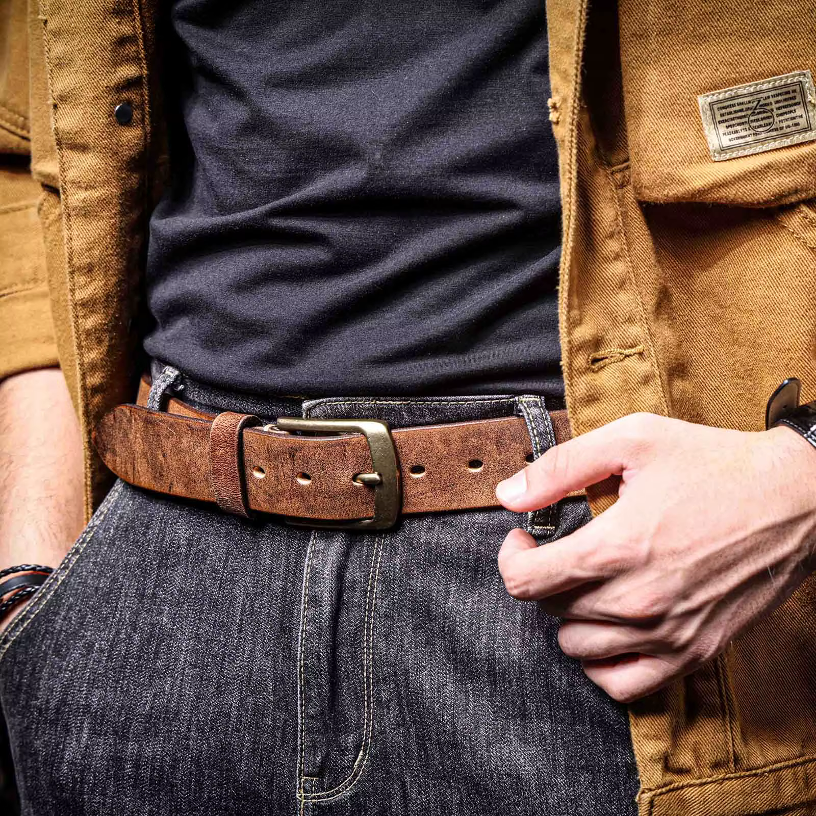 Ceinture Vintage en cuir véritable pour hommes avec boucle en laiton massif