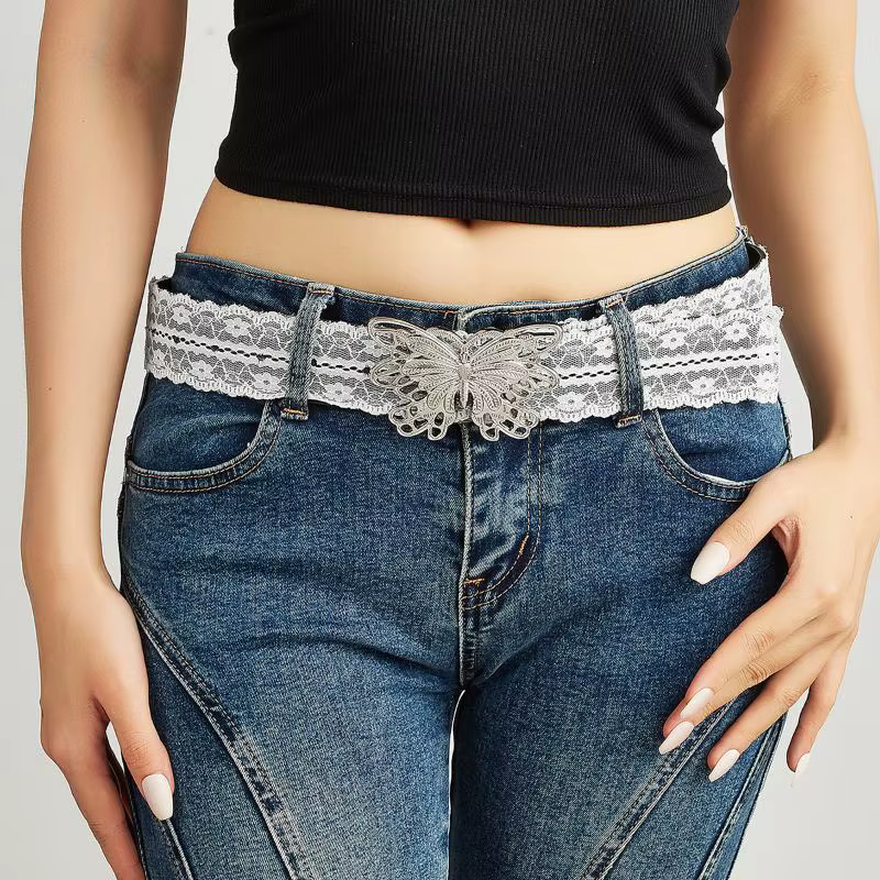 Belle ceinture de taille en dentelle florale blanche ; Accent de mode réglable assorti pour les femmes ; Cadeau