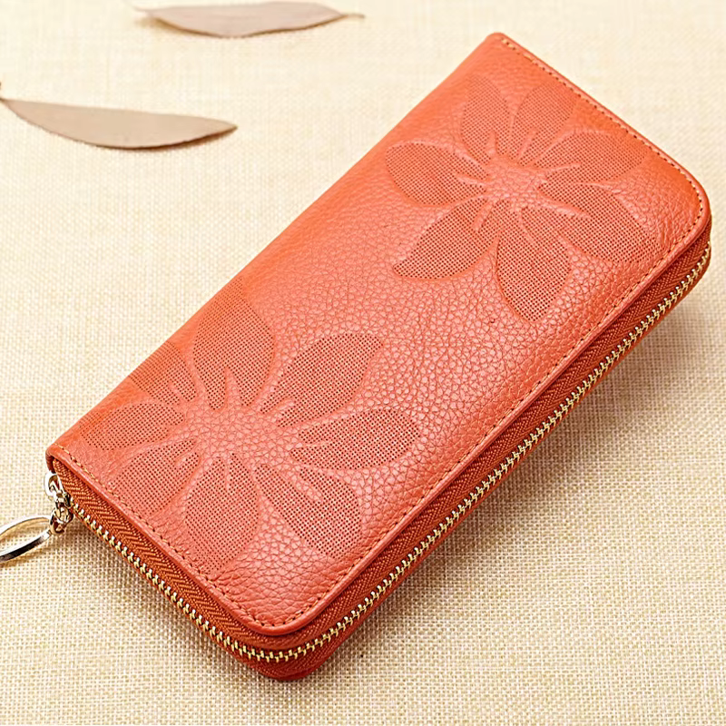 Portefeuille long en cuir véritable pour femme