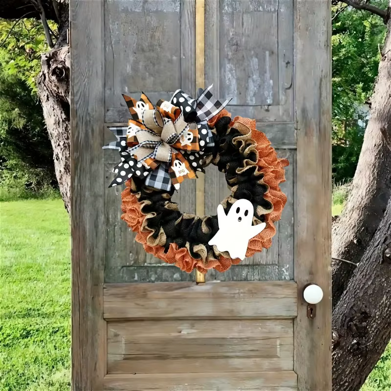 Fournitures de décoration d'halloween, couronne fantôme pour porte d'entrée, pendentif, couronne à nœud en tissu fantôme
