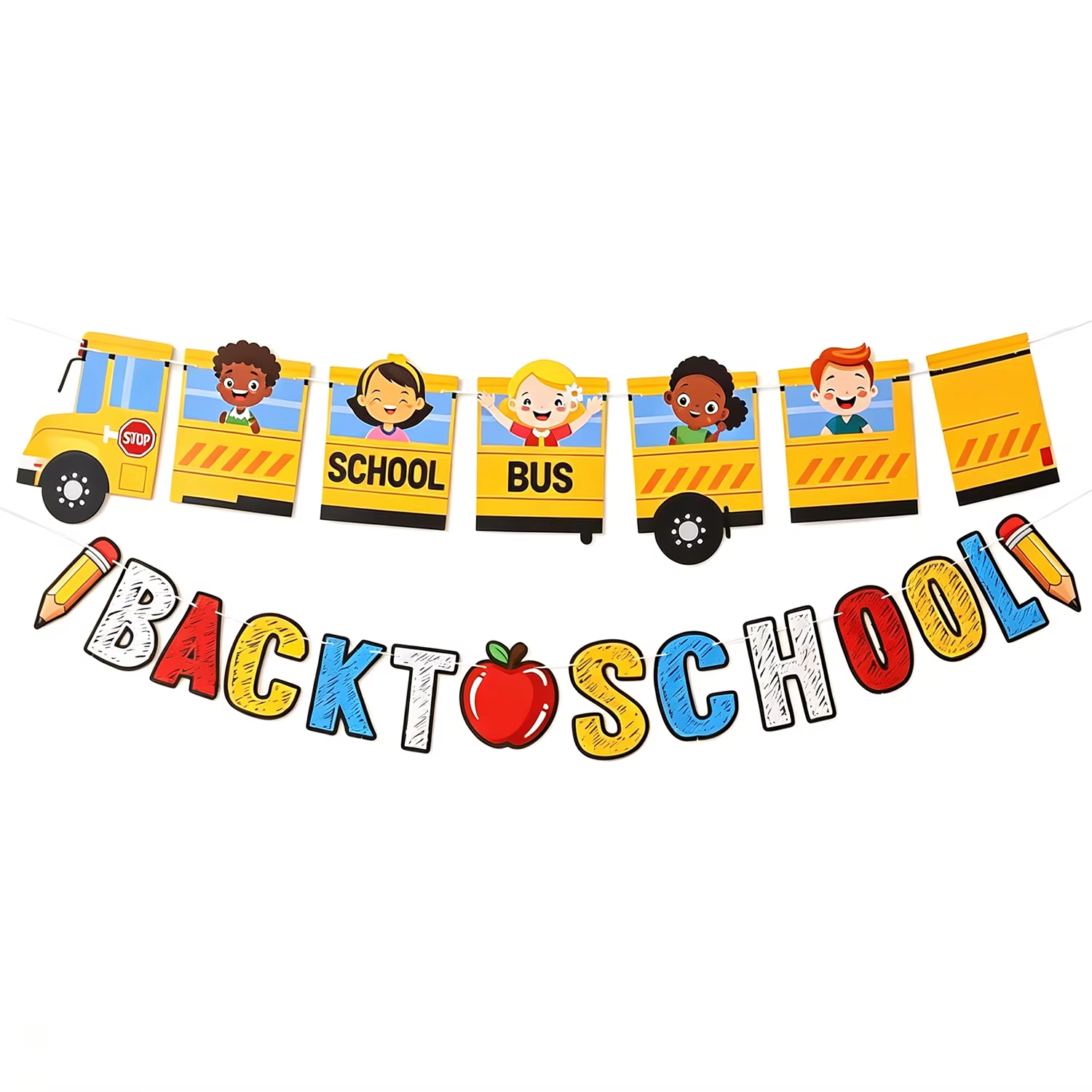 Décoration de classe pour la rentrée scolaire - Panneau « Premier jour d'école » avec bannière bus scolaire, crayon pomme, décoration de remise de diplôme de maternelle