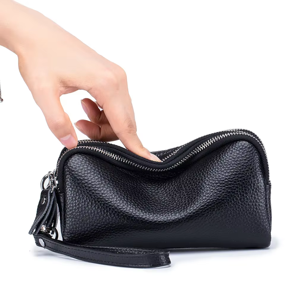 Femmes Long portefeuille en cuir véritable 3 couches fermeture éclair sac à main grande capacité bracelet pochette