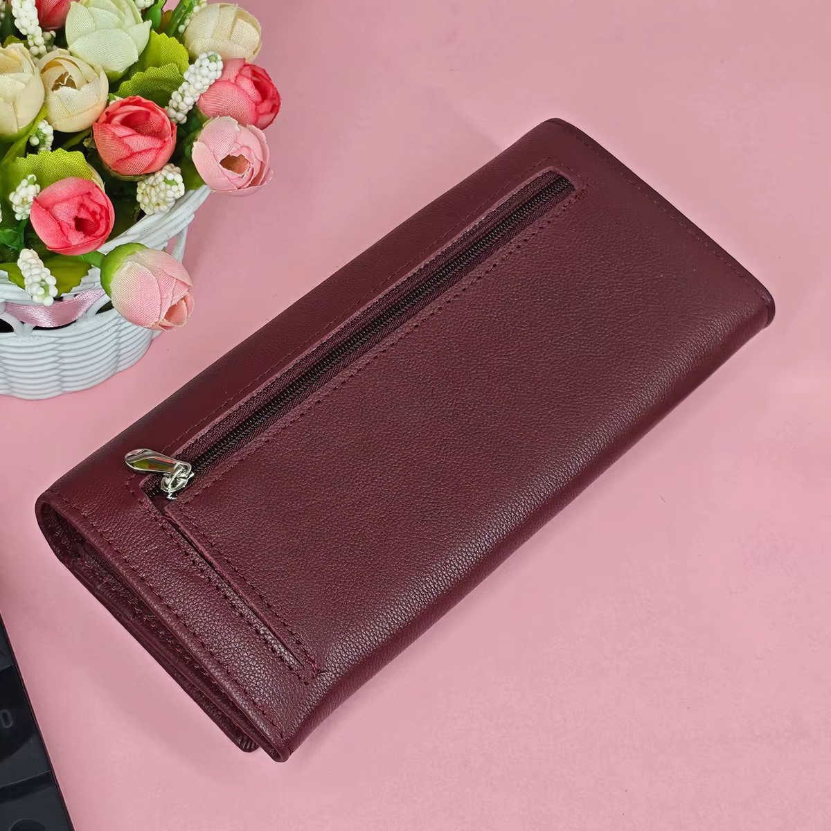 Portefeuille de luxe en cuir rouge vin pour femme – Slim Long à deux volets avec 8 emplacements pour cartes