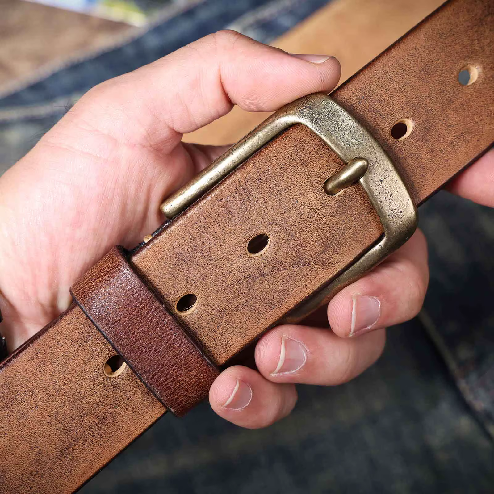 Ceinture Vintage en cuir véritable pour hommes avec boucle en laiton massif