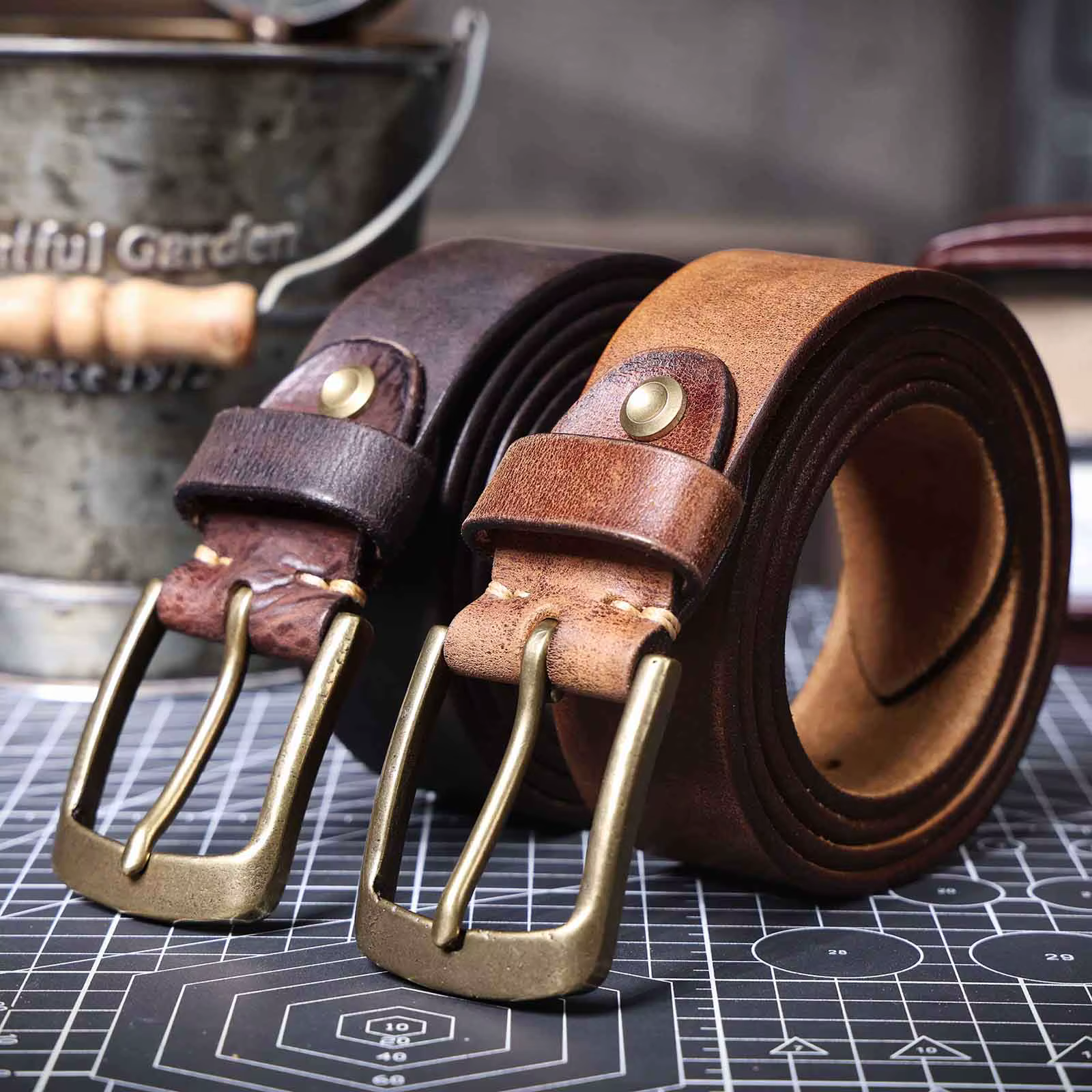 Ceinture Vintage en cuir véritable pour hommes avec boucle en laiton massif