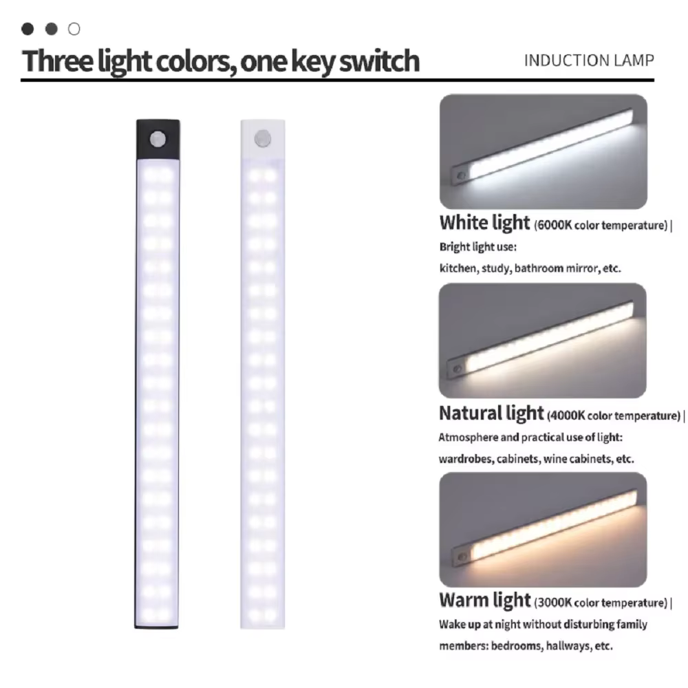 Barre lumineuse LED avec capteur de mouvement, Rechargeable par USB, veilleuse pour cuisine, garde-robe, éclairage d'armoire, 30cm/40cm/50cm