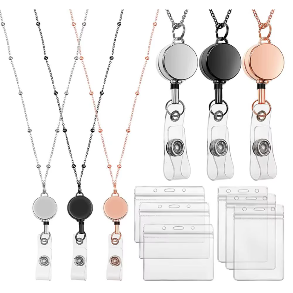 Porte-Danemark ge Rétractable en Acier Inoxydable, Lanière avec Porte-Carte d'Identité, Colliers de la raq, Porte-clés pour Femmes et Hommes Employés