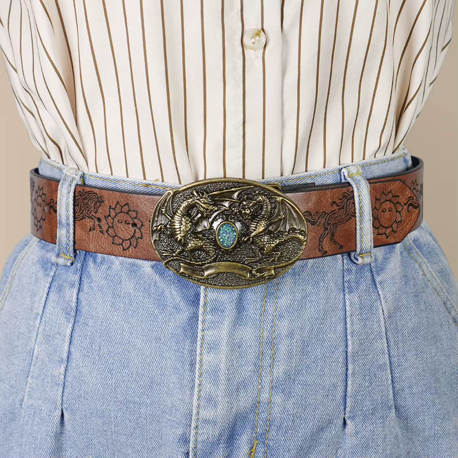 Ceinture décontractée marron de style européen avec motif de dragon rétro sculpté et boucle incrustée de pierres