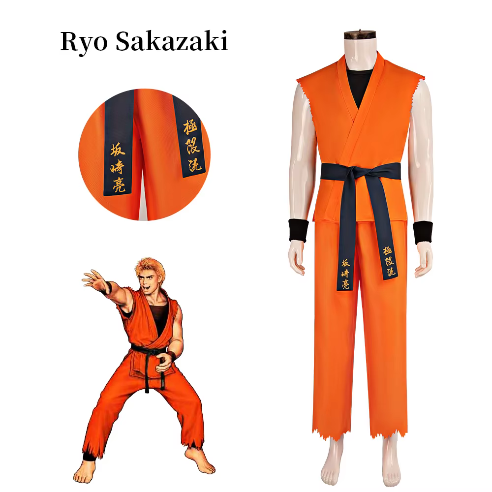 Déguisement Ryo Sakazaki Art of Fighting KOF Costume de Cosplay Kimono de Karaté Orange Uniforme d'Arts Martiaux pour Homme Tenue de Halloween