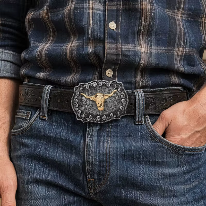 Ceinture de cowboy occidentale pour homme 2026 - Ceinture en PU noir élégante et stylée avec motif gaufré et boucle en alliage tendance