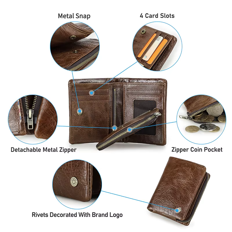 CONTATC'S-Portefeuille court en cuir véritable pour homme, portefeuille à deux volets RFID, porte-cartes de crédit, fermeture éclair de luxe, petit porte-monnaie masculin, nouveau
