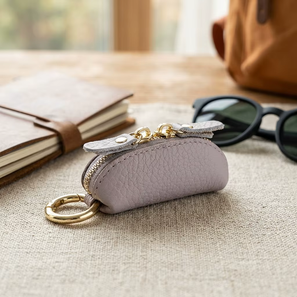 Porte-monnaie compact en cuir avec fermeture éclair sécurisée et porte-clés